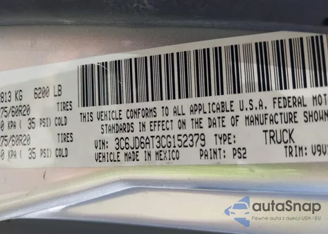 2012 Ram 1500 St z USA, uszkodzony, nr VIN 3C6JD6AT3CG152379